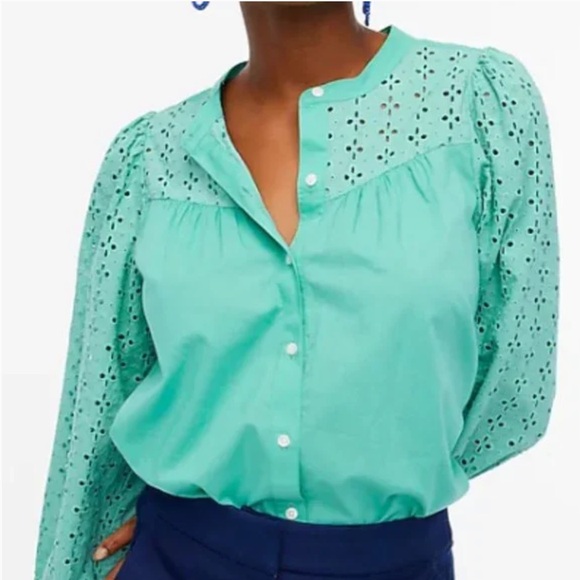 NWT J. Crew Mixed-Media Eyelet Button Front Top Size Petite Large (PL) - Picture 1 of 7